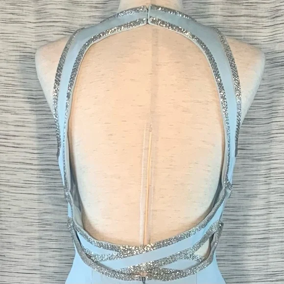 Peak Evenings Sky Blue Sleeveless Formal Evening Gown With Mesh Midriff. - Picture 7 of 15